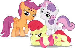 Size: 5038x3197 | Tagged: safe, artist:djdavid98 edits, artist:frownfactory, artist:sollace, derpibooru import, edit, editor:slayerbvc, vector edit, apple bloom, scootaloo, sweetie belle, earth pony, pegasus, pony, unicorn, :o, apple bloom's bow, bedroom eyes, bow, cutie mark, cutie mark crusaders, draw me like one of your french girls, female, filly, hair bow, image, lidded eyes, looking at you, lying down, no regrets, open mouth, png, raised hoof, side, simple background, smiling, smug, socks (coat marking), the cmc's cutie marks, transparent background, vector