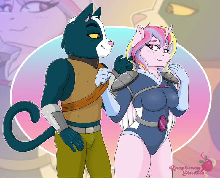 Size: 2227x1800 | Tagged: safe, artist:raspberrystudios, derpibooru import, oc, oc:aurelia charm, alicorn, anthro, unguligrade anthro, alicorn oc, avocato (final space), bedroom eyes, canon x oc, final space, furry, horn, image, not princess cadance, png, pulling, spacesuit, thighs, wings