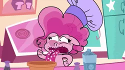 Size: 2048x1149 | Tagged: safe, derpibooru import, screencap, pinkie pie, my little pony: pony life, spoiler:pony life s02e14, chef toque, chef's hat, dry tongue, ground pepper, hat, image, jpeg, kitchen, life of pie, pony life season 2, sugarcube corner, tongue out, too much salt