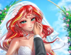 Size: 3541x2717 | Tagged: safe, artist:racoonsan, derpibooru import, sunset shimmer, human, equestria girls, bare shoulders, beautiful, blushing, breasts, bride, choker, cleavage, clothes, cloud, crying, cute, dress, female, hand on face, humanized, image, marriage, offscreen character, plants, png, pov, shimmerbetes, shiny skin, sky, sleeveless, tears of joy, teary eyes, wedding, wedding dress, wedding veil