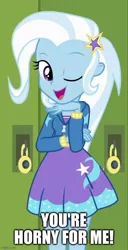 Size: 500x979 | Tagged: safe, derpibooru import, trixie, equestria girls, equestria girls series, forgotten friendship, canterlot high, caption, clothes, cropped, cute, diatrixes, female, hallway, hoodie, image, image macro, imgflip, jpeg, lockers, one eye closed, skirt, text, wink