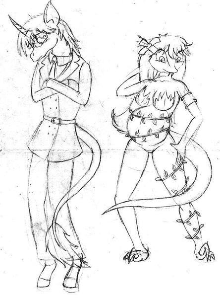 Size: 592x800 | Tagged: suggestive, artist:barn-flakes, derpibooru import, oc, unofficial characters only, anthro, digitigrade anthro, unicorn, barely pony related, bra, clothes, crossed arms, duo, horn, image, jpeg, leonine tail, lineart, monochrome, pregnant, traditional art, underwear, unicorn oc