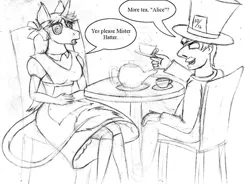 Size: 1000x734 | Tagged: safe, artist:barn-flakes, derpibooru import, oc, unofficial characters only, anthro, human, unicorn, alice in wonderland, clothes, cup, dress, female, hat, horn, image, jpeg, leonine tail, lineart, mad hatter, male, mind control, monochrome, sitting, teacup, teapot, top hat, traditional art, unicorn oc