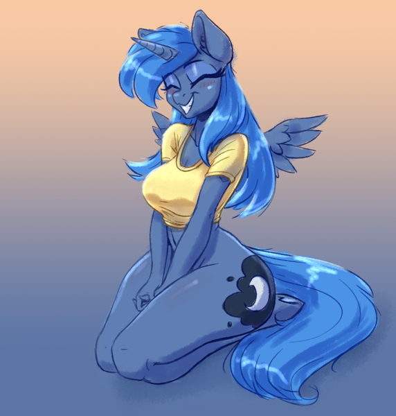 Size: 2250x2362 | Tagged: suggestive, artist:dandy, derpibooru import, edit, princess luna, alicorn, anthro, unguligrade anthro, blushing, bottomless, bottomless edit, clothes, eyes closed, female, grin, image, partial nudity, png, smiling, solo, solo female, spread wings, tanktop, underhoof, wings