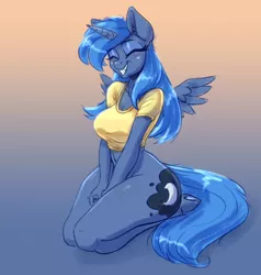 Size: 2250x2362 | Tagged: suggestive, artist:dandy, derpibooru import, edit, princess luna, alicorn, anthro, unguligrade anthro, blushing, bottomless, bottomless edit, clothes, eyes closed, female, grin, image, partial nudity, png, smiling, solo, solo female, spread wings, tanktop, underhoof, wings