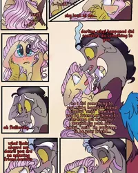 Size: 540x676 | Tagged: safe, artist:cocolove2176, derpibooru import, discord, fluttershy, draconequus, pegasus, pony, blushing, cheek squish, colored hooves, comic, dialogue, discoshy, female, hug, image, jpeg, male, mare, shipping, smiling, squishy cheeks, straight, wings