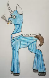 Size: 2241x3539 | Tagged: safe, artist:agdapl, derpibooru import, ponified, pony, unicorn, cigarette, clothes, crossover, horn, image, jpeg, male, mask, pants, signature, smoking, solo, spy, stallion, team fortress 2, traditional art