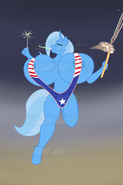 Size: 2400x3600 | Tagged: questionable, alternate version, artist:shehaveboththings, derpibooru import, trixie, anthro, unguligrade anthro, american flag bikini, areola, areola slip, big breasts, bikini, breasts, busty trixie, clothes, erect nipples, eyes closed, female, happy, horn, huge breasts, image, impossibly large breasts, lactation, milk, nipple outline, nipples, nudity, party horn, png, sling bikini, socks, solo, solo female, sparkler (firework), swimsuit, thigh highs, useless clothing, watermark