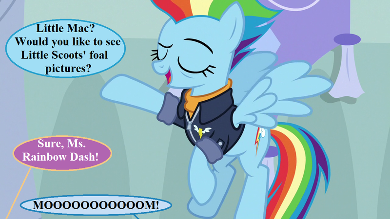 Size: 1280x720 | Tagged: safe, derpibooru import, edit, edited screencap, screencap, rainbow dash, the last problem, dialogue, image, implied little mac, implied oc, mothers gonna mother, older, older rainbow dash, png, speech bubble, wonderbolts jacket