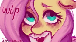 Size: 1021x573 | Tagged: safe, artist:zowzowo, derpibooru import, fluttershy, pegasus, pony, big eyes, blushing, close-up, cute, face, floppy ears, image, love letter, painting, png, shy, solo, wip