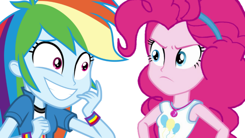 Size: 1280x720 | Tagged: safe, derpibooru import, pinkie pie, rainbow dash, equestria girls, equestria girls series, movie magic, rollercoaster of friendship, spoiler:eqg specials, angry, geode of sugar bombs, grin, image, laughing, magical geodes, pinkie pie is not amused, png, rainbow douche, smiling, unamused