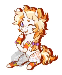 Size: 500x600 | Tagged: safe, artist:lavvythejackalope, derpibooru import, oc, unofficial characters only, earth pony, pony, bow, braid, candy, candy corn, earth pony oc, food, freckles, hair bow, image, leg warmers, male, one eye closed, png, simple background, sitting, solo, stallion, white background, wink
