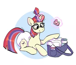 Size: 1543x1311 | Tagged: suggestive, artist:sheepypeepy, derpibooru import, moondancer, pony, unicorn, baby bottle, cute, diaper, diaper bag, diaper fetish, fetish, foal powder, image, non-baby in diaper, pacifier, png