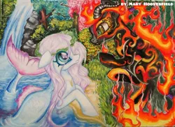 Size: 1024x746 | Tagged: safe, artist:maryhoovesfield, derpibooru import, oc, unofficial characters only, fire pony, sea pony, duo, ear fluff, horns, image, jpeg, looking at each other, mane of fire, outdoors, signature, waterfall