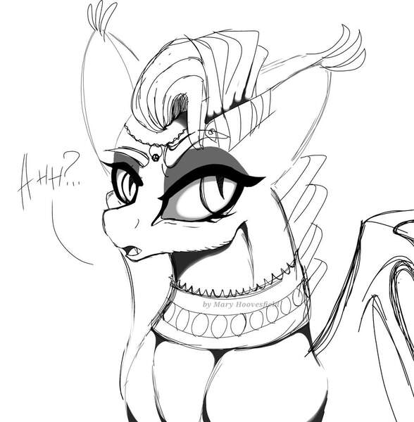 Size: 1004x1024 | Tagged: safe, artist:maryhoovesfield, derpibooru import, oc, unofficial characters only, bat pony, pony, bat pony oc, bat wings, bust, choker, ear fluff, eyelashes, female, image, jpeg, lineart, makeup, mare, monochrome, signature, simple background, solo, talking, white background, wings