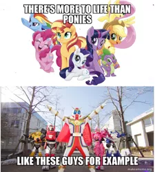 Size: 800x888 | Tagged: safe, derpibooru import, applejack, fluttershy, pinkie pie, rainbow dash, rarity, spike, sunset shimmer, twilight sparkle, caption, image, image macro, jpeg, makeameme.org, mane six, meme, super sentai, text, watermark