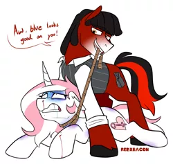 Size: 1052x998 | Tagged: grimdark, artist:redxbacon, derpibooru import, oc, oc:florid, oc:loretta, unofficial characters only, earth pony, unicorn, asphyxiation, black eye, blood, bruised, choking, image, nosebleed, png, red and black oc