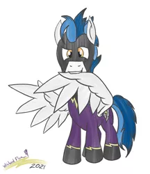 Size: 880x1020 | Tagged: safe, artist:whirlwindflux, derpibooru import, oc, oc:whirlwind flux, pegasus, pony, april fools, clothes, costume, grooming, image, male, png, preening, shadowbolts, shadowbolts costume, stallion