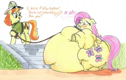 Size: 1412x900 | Tagged: suggestive, artist:white-eyed vireo, derpibooru import, fluttershy, teddie safari, earth pony, pegasus, pony, belly, big belly, bingo wings, butt, collar, derpibooru exclusive, domination, duo, fat, fat fetish, fattershy, female, fetish, flank, flutterpet, frog (hoof), hips, huge belly, image, impossibly large belly, leash, morbidly obese, near immobile, neck roll, obese, pet play, png, stairs, thighs, thunder thighs, traditional art, underhoof, wide hips