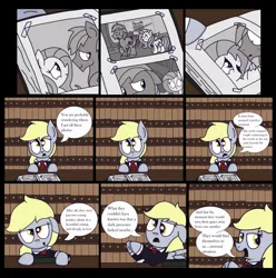 Size: 2552x2576 | Tagged: safe, artist:graciegirl328, derpibooru import, big macintosh, derpy hooves, fluttershy, pegasus, pony, comic:the jacky horror web comic, clothes, comic, dialogue, female, fluttermac, image, library, male, mare, narrator, necktie, photo, png, rocky horror picture show, shipping, solo, speech bubble, straight, suit
