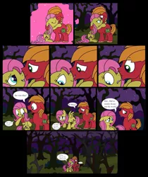 Size: 2792x3320 | Tagged: safe, artist:graciegirl328, derpibooru import, big macintosh, fluttershy, earth pony, pegasus, pony, comic:the jacky horror web comic, boop, comic, dialogue, female, fluttermac, forest, hug, image, male, mare, night, noseboop, png, rocky horror picture show, shipping, speech bubble, stallion, straight, tree