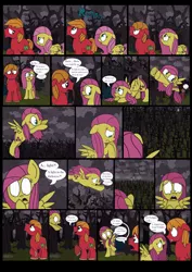 Size: 2976x4192 | Tagged: safe, artist:graciegirl328, derpibooru import, big macintosh, fluttershy, earth pony, pony, unicorn, comic:the jacky horror web comic, comic, dialogue, female, floppy ears, fluttermac, forest, image, male, mare, night, png, rain, rocky horror picture show, shipping, speech bubble, stallion, straight, thunder, tree, twilight's castle, wet, wet mane