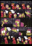 Size: 2976x4192 | Tagged: safe, artist:graciegirl328, derpibooru import, big macintosh, fluttershy, earth pony, pony, unicorn, comic:the jacky horror web comic, comic, dialogue, female, floppy ears, fluttermac, forest, image, male, mare, night, png, rain, rocky horror picture show, shipping, speech bubble, stallion, straight, thunder, tree, twilight's castle, wet, wet mane