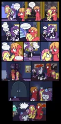 Size: 2496x5032 | Tagged: safe, artist:graciegirl328, derpibooru import, big macintosh, fluttershy, lyra heartstrings, rarity, spike, dragon, earth pony, pegasus, pony, unicorn, comic:the jacky horror web comic, alternate hairstyle, clothes, comic, dialogue, female, fluttermac, hug, image, implied brainwashing, let's do the time warp again, lipstick, maid, male, mare, png, rocky horror picture show, shipping, speech bubble, stallion, straight, wet, wet mane