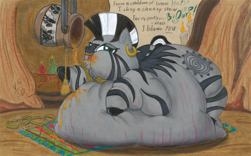 Size: 1600x992 | Tagged: questionable, artist:white-eyed vireo, derpibooru import, zecora, pony, zebra, belly, belly bed, belly button, big belly, bingo wings, blushing, burp, butt, cauldron, chubby cheeks, derpibooru exclusive, dialogue, double chin, drawing, fat, feedee, flabby chest, frog (hoof), huge belly, huge butt, image, immobile, impossibly large belly, impossibly large butt, impossibly obese, large butt, lying down, mattress, morbidly obese, multichin, neck roll, obese, png, rolls of fat, rug, stretchmarks, stuffed belly, traditional art, underhoof, zecobese, zecora's hut, zecorass