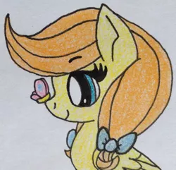 Size: 1666x1604 | Tagged: safe, artist:mercedesstar, derpibooru import, oc, oc:buttercup, butterfly, insect, pegasus, pony, bow, butterfly on nose, female, filly, hair bow, image, insect on nose, jpeg, offspring, parent:big macintosh, parent:fluttershy, parents:fluttermac, pigtails, traditional art, twintails