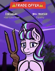 Size: 1575x2048 | Tagged: safe, artist:phazerarts, derpibooru import, pony, unicorn, bust, ear fluff, female, frown, image, jpeg, lidded eyes, looking at you, mare, meme, portrait, potted plant, solo, staff, staff of sameness, text, trade offer