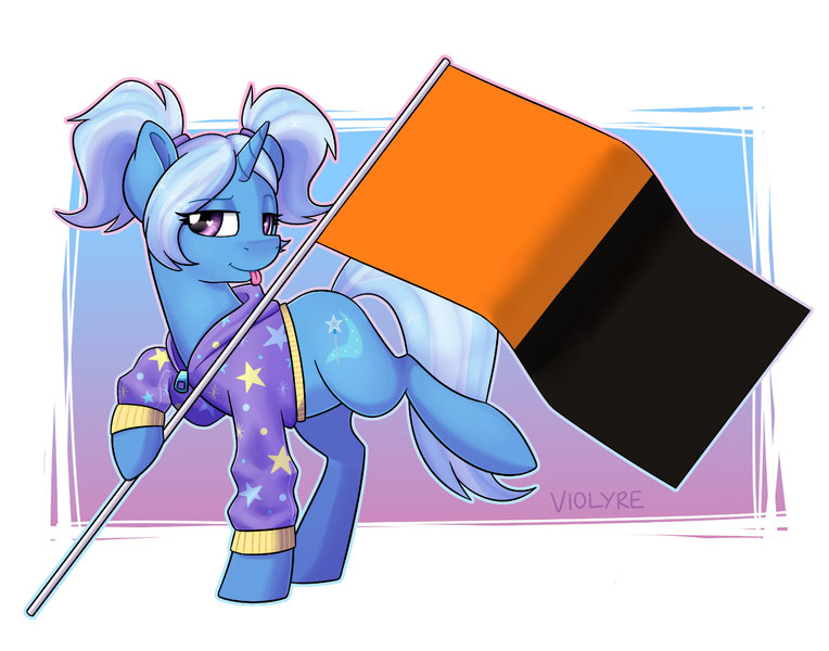 Size: 1375x1080 | Tagged: safe, artist:violyre, edit, editor:edits of hate, trixie, pony, unicorn, abstract background, alternate hairstyle, babysitter trixie, clothes, female, flag, hoodie, image, mare, passepartout, pigtails, png, pride, pride flag, solo, super straight, tongue out, twintails