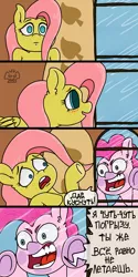 Size: 3000x6000 | Tagged: safe, artist:a-jaller, derpibooru import, fluttershy, pinkie pie, earth pony, pegasus, pony, biting, comic, cyrillic, image, png, russian, wing bite