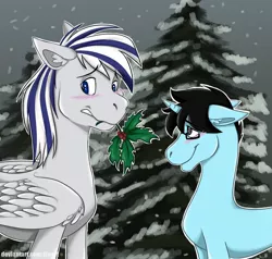 Size: 1280x1216 | Tagged: safe, anonymous artist, derpibooru import, oc, oc:onyx diamond, oc:tinker doo, pegasus, unicorn, about to kiss, blushing, christmas, glasses, happy, holiday, image, jpeg, large wings, looking away, mistletoe, not porn, size difference, snow, tree, wings