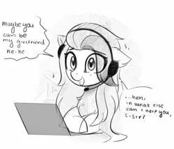 Size: 742x634 | Tagged: safe, artist:aureai-sketches, pony, black and white, computer, dialogue, grayscale, headset, image, microphone, monochrome, png, simple background, sketch, solo, white background