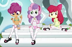 Size: 1357x896 | Tagged: suggestive, artist:ohohokapi, banned from derpibooru, edit, apple bloom, scootaloo, sweetie belle, equestria girls, :t, belly button, blue underwear, bra, clothes, crossed legs, eating, female, image, lolicon, mary janes, panties, png, shoes, sitting, smiling, socks, thigh highs, tomboy taming, underage, underwear, underwear edit