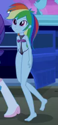 Size: 458x977 | Tagged: suggestive, edit, edited screencap, screencap, rainbow dash, equestria girls, barefoot, boots, bra, breasts, clothes, feet, female, image, limousine, nipples, nudity, panties, png, shoes, solo, solo female, underwear, underwear edit