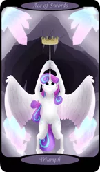 Size: 1500x2591 | Tagged: safe, artist:sixes&sevens, derpibooru import, part of a set, princess flurry heart, alicorn, ace of swords, bipedal, cave, crown, crystal, female, glowing crystals, image, jewelry, minor arcana, older, older flurry heart, png, rapier, reaching up, regalia, solo, sword, tarot card, weapon, wings
