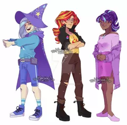 Size: 1280x1262 | Tagged: safe, artist:marshiroart, derpibooru import, starlight glimmer, sunset shimmer, trixie, human, alternate hairstyle, badge, belt, bisexual pride flag, boots, cape, clothes, coat, converse, crossed arms, dark skin, ear piercing, earring, female, flats, freckles, hat, humanized, image, jacket, jeans, jewelry, jpeg, leather jacket, magical trio, necklace, one eye closed, open mouth, pants, piercing, pride, pride flag, ripped jeans, ripped pants, shirt, shoes, shorts, socks, striped socks, sweater, torn clothes, trio, trixie's cape, trixie's hat, t-shirt, wink