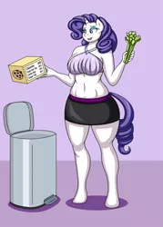 Size: 840x1172 | Tagged: suggestive, artist:lordstormcaller, derpibooru import, edit, rarity, anthro, unguligrade anthro, box, celery, clothes, cookie, cropped, curvy, food, hourglass figure, image, midriff, png, short shirt, skirt, solo, trash can