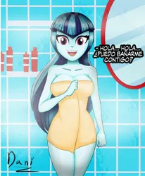 Size: 2120x2576 | Tagged: suggestive, artist:danielitamlp, derpibooru import, sonata dusk, equestria girls, bathroom, big breasts, breasts, busty sonata dusk, cleavage, female, image, jpeg, looking at you, mirror, naked towel, open mouth, question, smiling, solo, solo female, spanish, steam, talking to viewer, towel