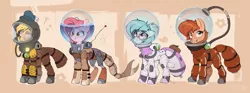 Size: 4300x1605 | Tagged: safe, artist:rexyseven, derpibooru import, oc, oc:drillie stone, oc:koraru koi, oc:rusty gears, oc:whispy slippers, unofficial characters only, pony, seapony (g4), female, image, mare, png, spacesuit, water
