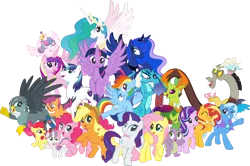 Size: 1920x1274 | Tagged: safe, artist:alexdti, derpibooru import, apple bloom, applejack, discord, fluttershy, gabby, pinkie pie, princess cadance, princess celestia, princess ember, princess flurry heart, princess luna, rainbow dash, rarity, scootaloo, shining armor, spike, starlight glimmer, sunset shimmer, sweetie belle, thorax, trixie, twilight sparkle, twilight sparkle (alicorn), alicorn, changedling, changeling, draconequus, dragon, earth pony, gryphon, pegasus, unicorn, alicorn pentarchy, crown, cup, cutie mark crusaders, female, image, jewelry, king thorax, male, mane seven, mane six, png, regalia, royal sisters, scootaloo's scooter, scooter, siblings, simple background, sisters, teacup, transparent background