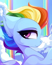 Size: 4000x5000 | Tagged: safe, artist:xsatanielx, derpibooru import, rainbow dash, pegasus, pony, absurd resolution, bust, chest fluff, cloud, cloudsdale, ear fluff, female, image, mare, older, older rainbow dash, png, portrait, profile, rainbow, solo