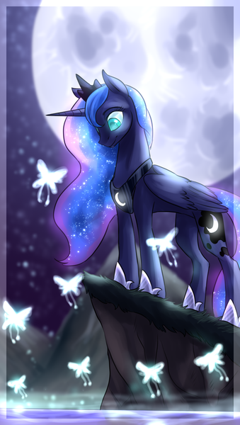 Size: 792x1400 | Tagged: safe, artist:not-ordinary-pony, derpibooru import, princess luna, alicorn, pony, derpibooru exclusive, female, glowing eyes, glowing mane, image, mare, moon, night, night sky, png, sky, solo