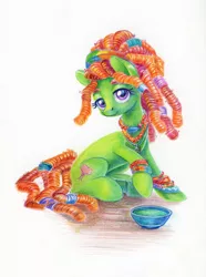 Size: 893x1200 | Tagged: safe, artist:maytee, derpibooru import, tree hugger, earth pony, pony, alternate hairstyle, bowl, bracelet, colored pencil drawing, female, image, jewelry, jpeg, mare, necklace, raised hoof, sitting, solo, traditional art