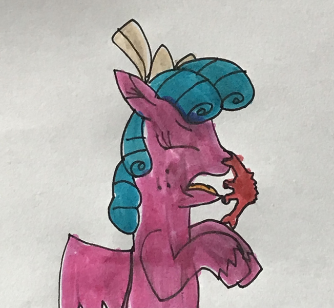 Size: 3022x2783 | Tagged: safe, artist:walkerstar, derpibooru import, cozy glow, crab, pegasus, pony, bow, female, filly, foal, hair bow, image, jpeg, nose pinch, solo, traditional art