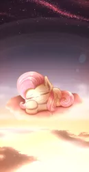 Size: 2000x3844 | Tagged: safe, artist:phoenixrk49, derpibooru import, fluttershy, pegasus, pony, cheek fluff, cloud, ear fluff, eyes closed, female, folded wings, high res, image, lens flare, lying down, mare, on a cloud, outdoors, peaceful, png, prone, sky, sleeping, smiling, solo, starry sky, sunset, wallpaper, wings