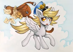 Size: 900x633 | Tagged: safe, artist:asimos, derpibooru import, derpy hooves, pegasus, pony, ear fluff, female, flying, hat, image, jpeg, mail, mailbag, mailmare, mare, open mouth, solo, spread wings, traditional art, wings