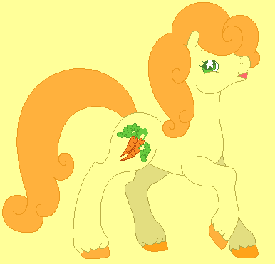 Size: 386x371 | Tagged: safe, artist:diamondbellefan25, artist:lol60651, derpibooru import, carrot top, golden harvest, earth pony, pony, background pony, base used, close-up, female, g2, g4 to g2, generation leap, image, mare, open mouth, png, raised hoof, raised leg, simple background, smiling, underhoof, unshorn fetlocks, yellow background